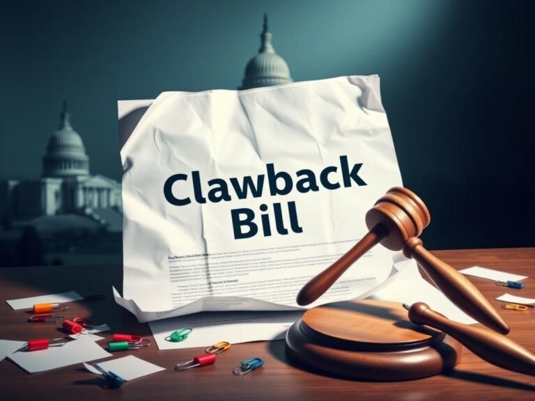 Flick International A crumpled document labeled 'Clawback Bill' on a wooden table surrounded by paperclips and highlighters, with the U.S. Capitol silhouette in the background