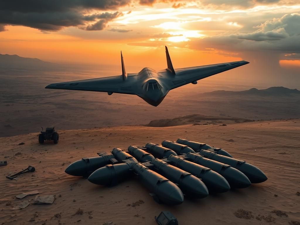Flick International B-2 stealth bomber soaring over a desert landscape