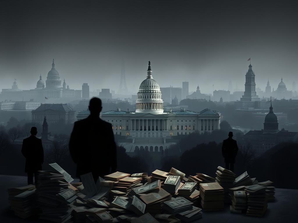 Flick International Cityscape of Washington, D.C. with iconic government buildings surrounded by symbols of bureaucracy and corruption