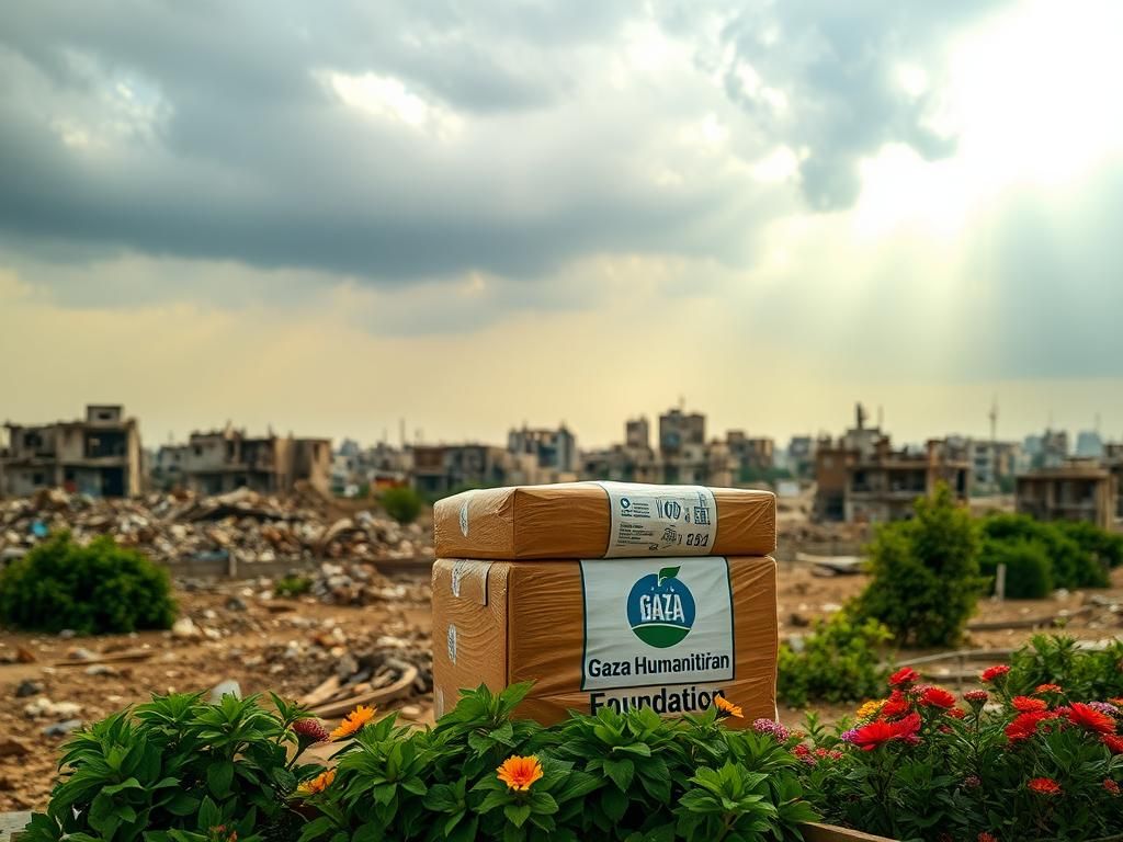 Flick International A stark landscape of Gaza with food aid packages symbolizing hope amidst a war-torn city.