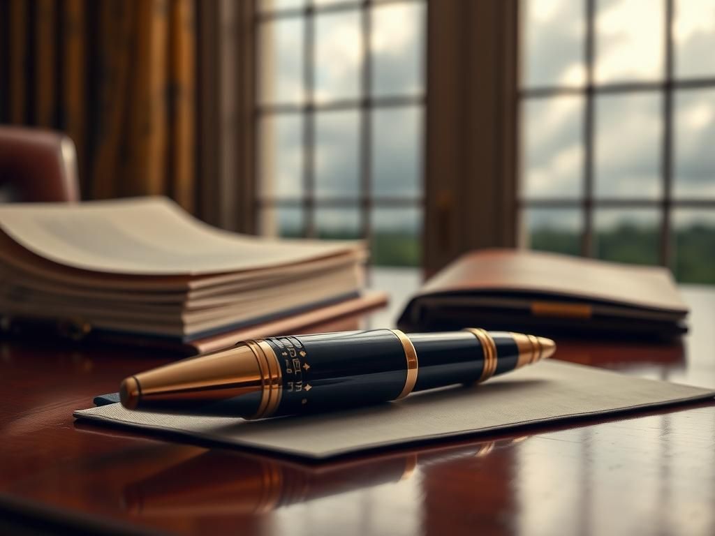 Flick International Close-up of a presidential autopen device on a polished wooden desk