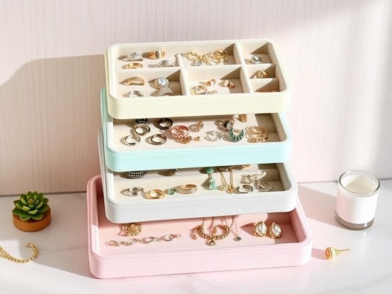 Flick International Stackable jewelry organizers in soft pastel colors with neatly arranged jewelry pieces