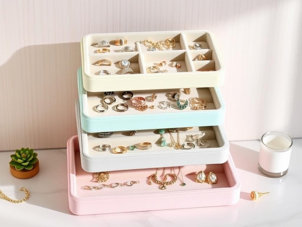 Flick International Stackable jewelry organizers in soft pastel colors with neatly arranged jewelry pieces
