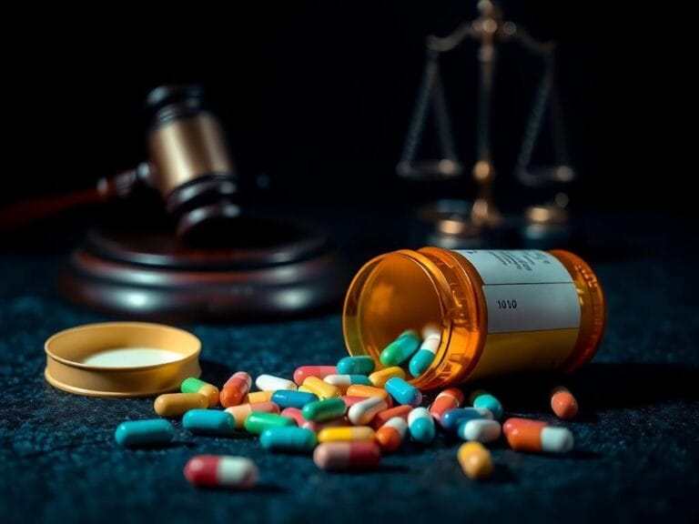 Flick International A shattered prescription pill bottle with colorful pills scattered on a dark surface, symbolizing the opioid crisis.