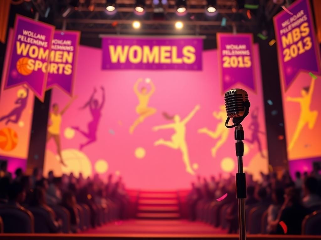 Flick International A vibrant stage at a sports awards ceremony featuring a microphone and banners celebrating women's sports achievements