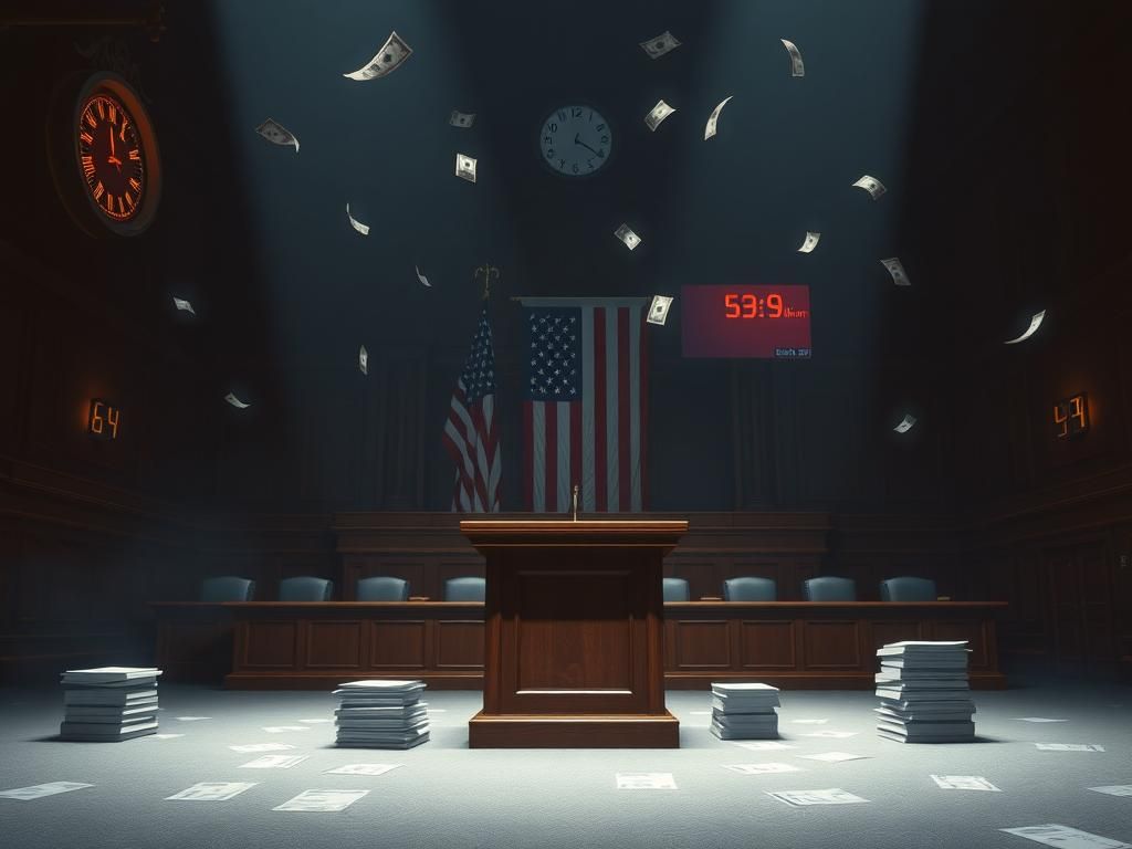 Flick International Conceptual representation of a dimly lit congressional chamber with an imposing wooden podium and paperwork on $9 billion spending cuts.