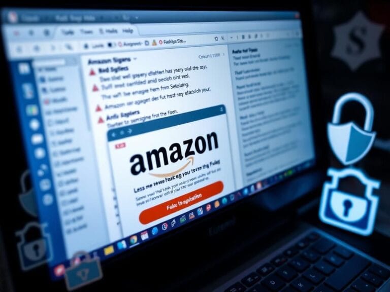 Flick International Close-up of a computer screen displaying a suspicious email with the Amazon logo and warning signs.