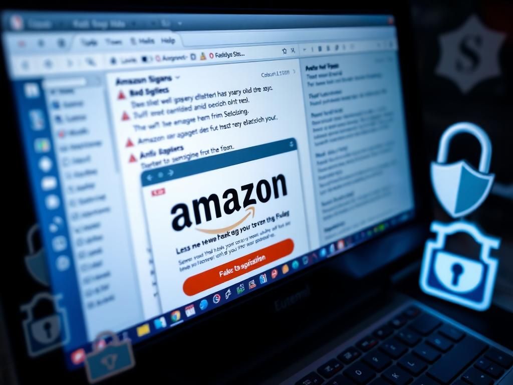 Flick International Close-up of a computer screen displaying a suspicious email with the Amazon logo and warning signs.