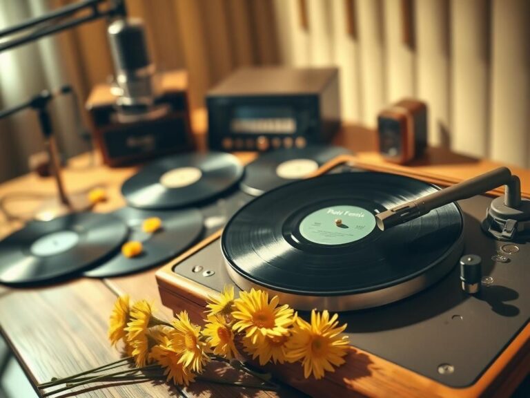 Flick International Vintage recording studio with a record player and daisies representing Connie Francis