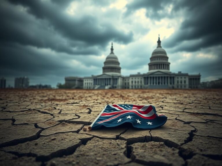 Flick International A cracked and barren ground symbolizing the Democratic Party's faltering approval with a weathered Democratic flag partially buried in the dust.