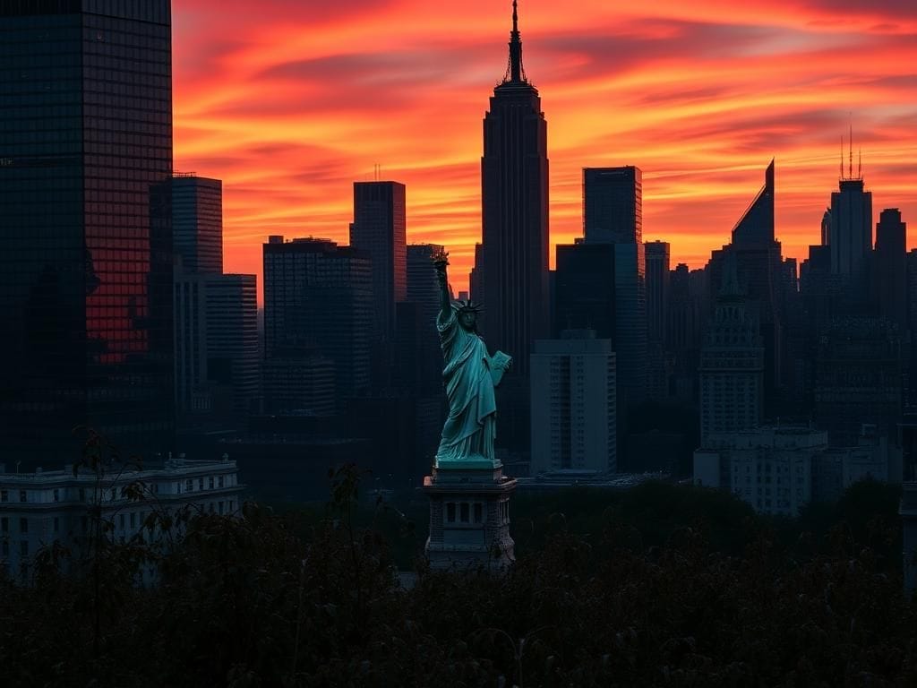 Flick International Aerial view of New York City skyline at dusk with crumbling Statue of Liberty