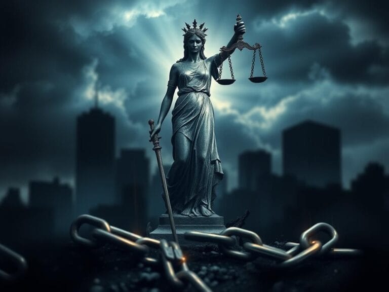 Flick International Abstract representation of a crumbling statue of Lady Justice surrounded by ominous clouds