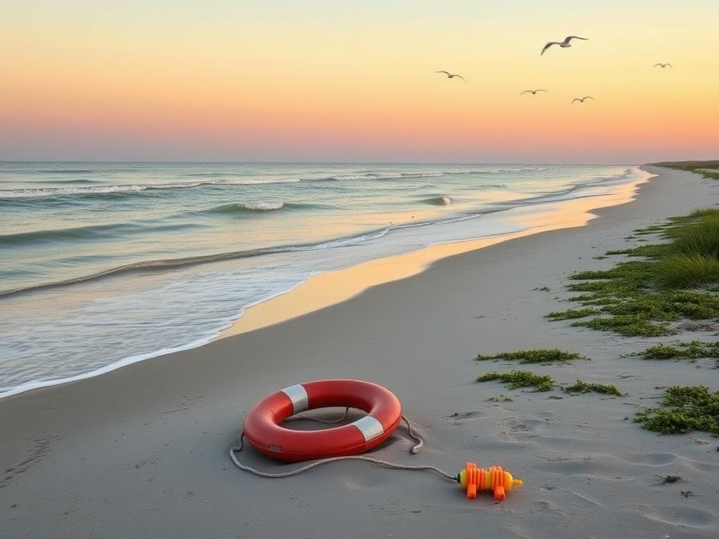Flick International A serene South Carolina beach at dawn with gentle waves and a lifebuoy symbolizing rescue.