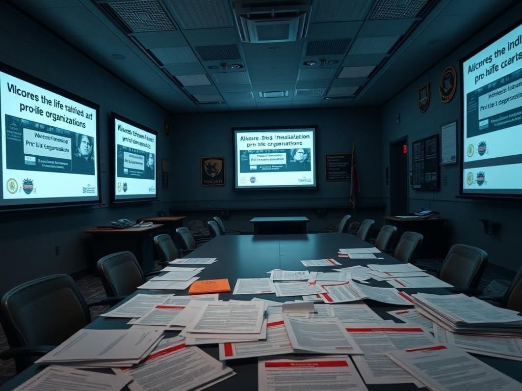 Flick International A somber military training room with blurred training slides