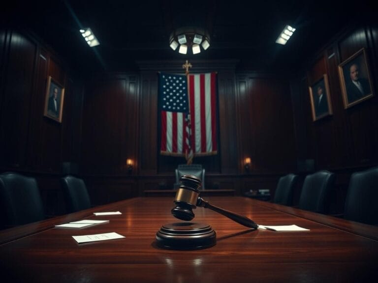Flick International Empty Senate hearing room with a gavel and scattered papers