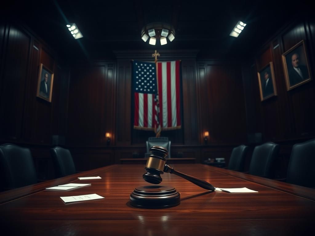 Flick International Empty Senate hearing room with a gavel and scattered papers