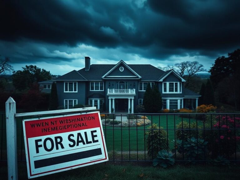 Flick International Modern suburban home in Potomac, Maryland, with a weathered 'For Sale' sign