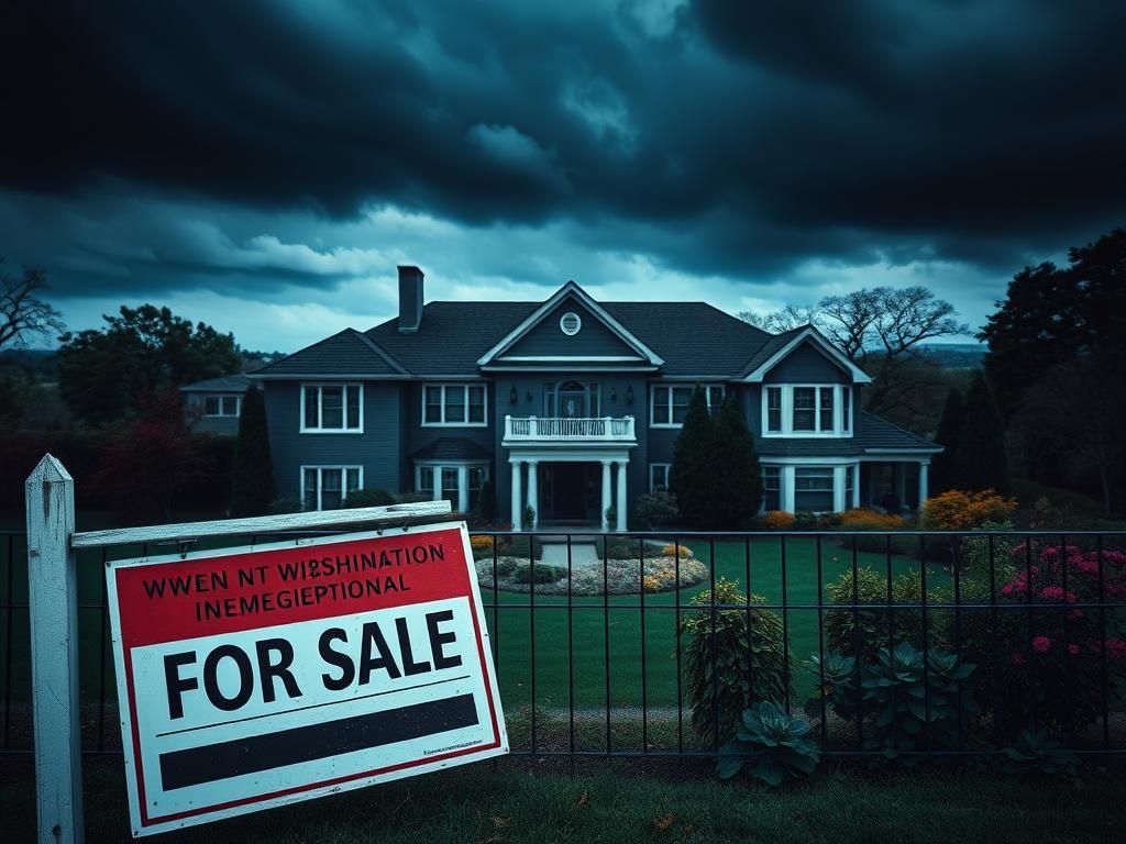 Flick International Modern suburban home in Potomac, Maryland, with a weathered 'For Sale' sign