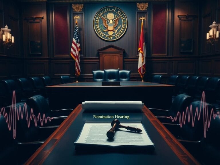 Flick International Dramatic U.S. Senate hearing room with imposing wooden table and empty leather chairs
