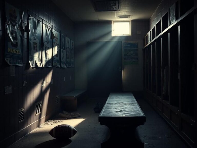 Flick International Abandoned football locker room with vintage football and peeling posters