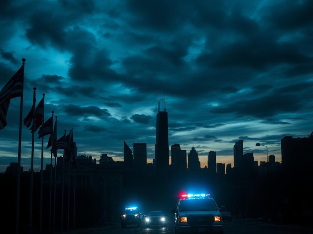 Flick International Dramatic Chicago skyline at dusk with law enforcement symbols