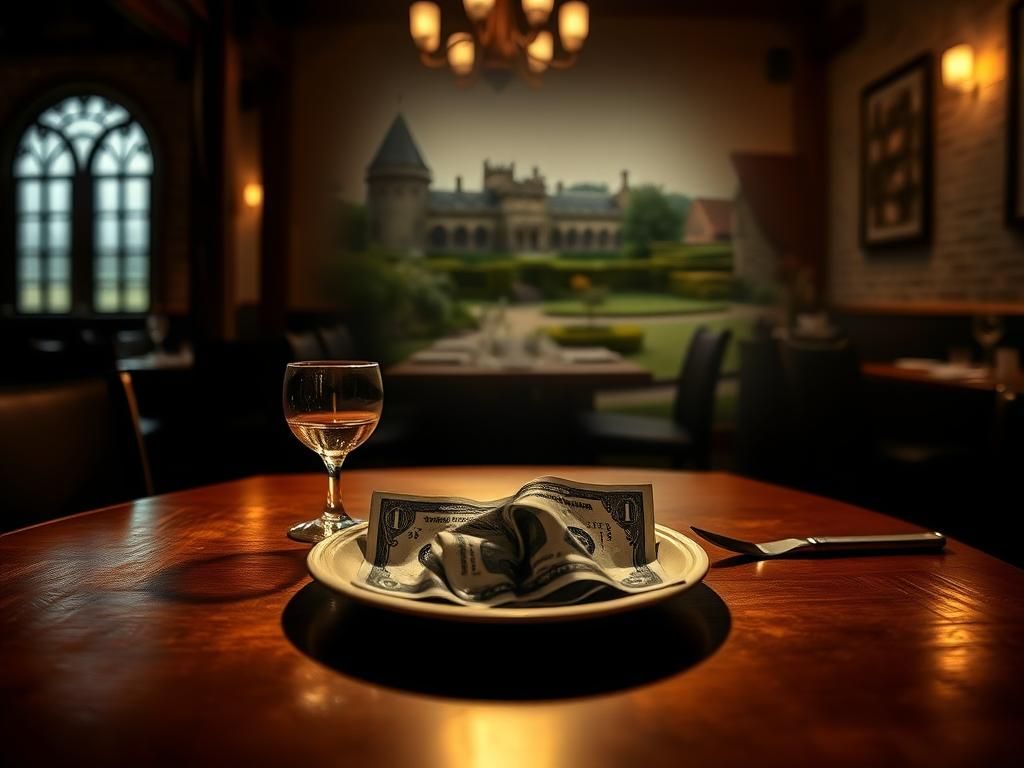 Flick International A dimly lit restaurant table with an untouched plate of food and a folded dollar bill, symbolizing a taken back tip amidst shadows