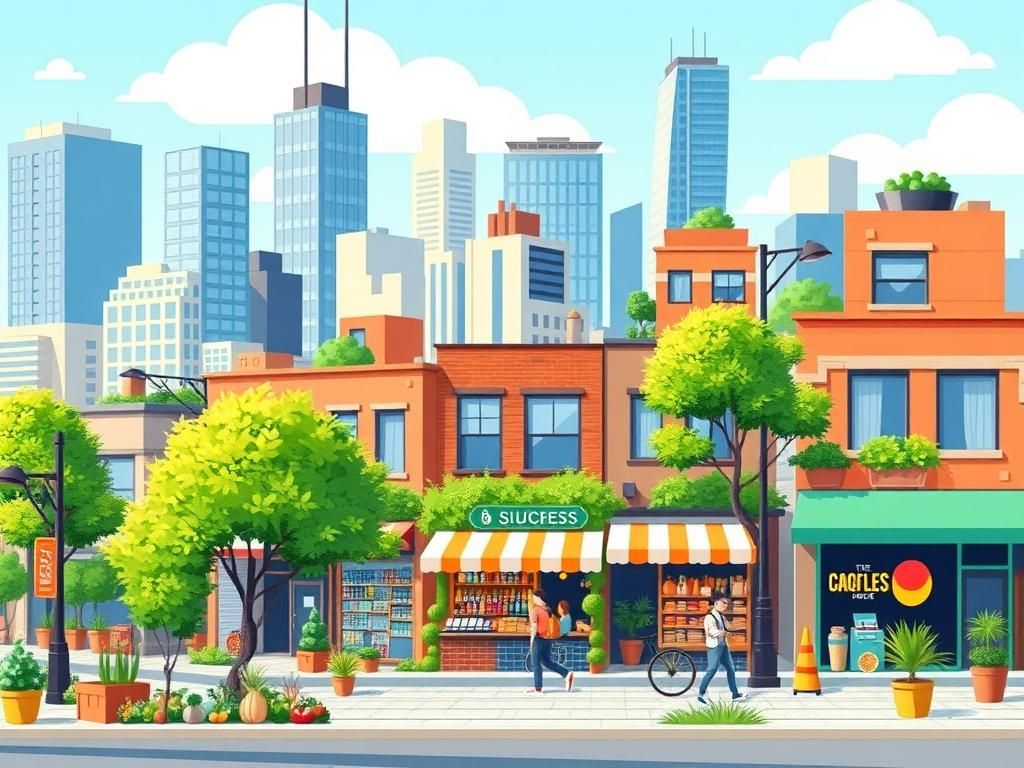 Flick International A vibrant urban landscape reflecting business success with modern skyscrapers and bustling storefronts.