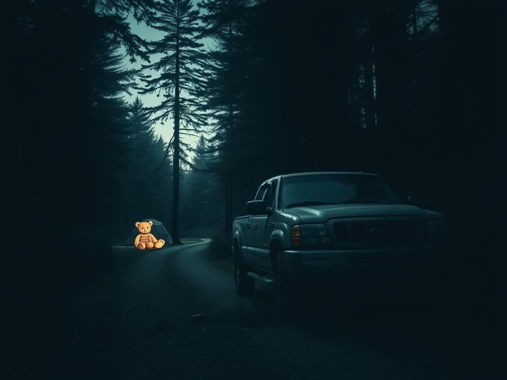 Flick International Dark, shadowy forest scene with an abandoned pickup truck