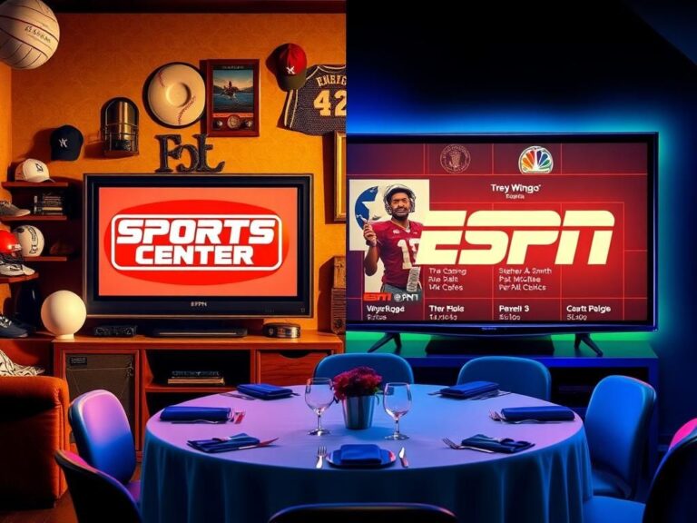 Flick International A split scene illustrating the contrast between vintage and modern ESPN broadcasting