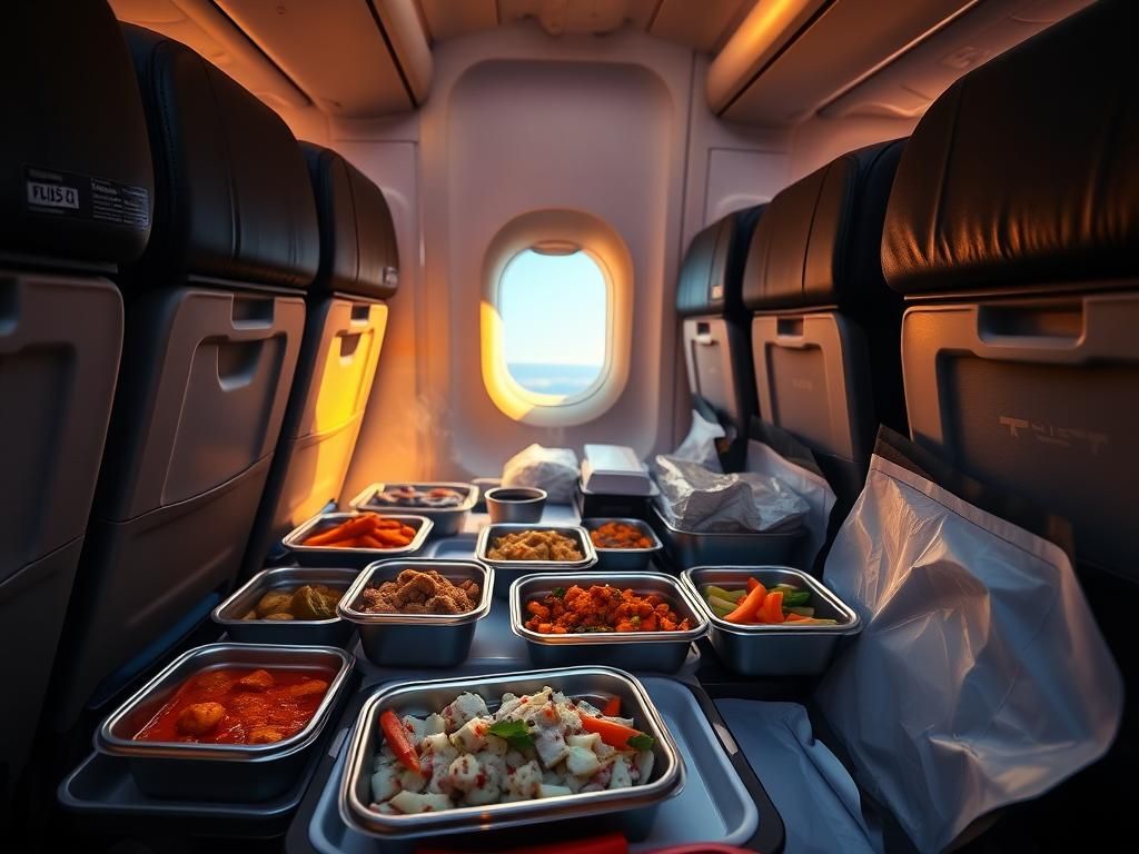 Flick International Airplane cabin scene showing a tray table with various fragrant food containers in cramped economy seating