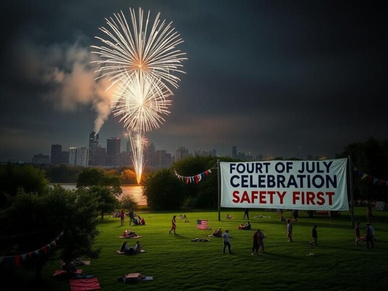 Flick International Nighttime scene of a vibrant Fourth of July celebration with fireworks and a city skyline