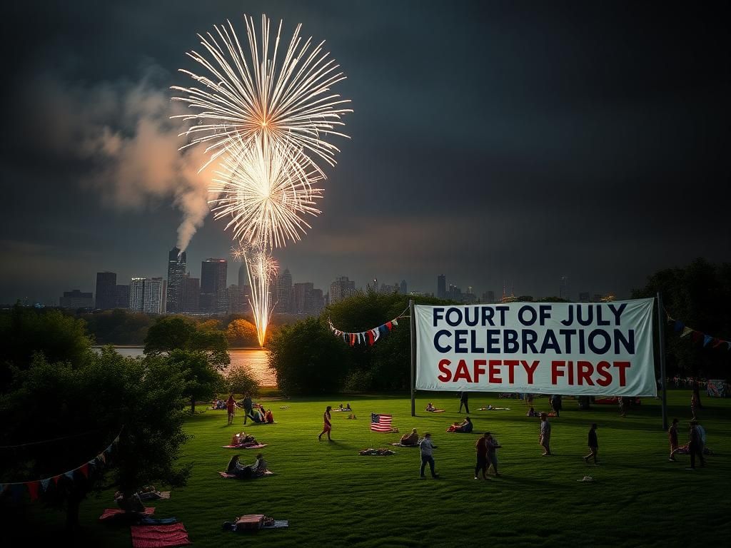 Flick International Nighttime scene of a vibrant Fourth of July celebration with fireworks and a city skyline