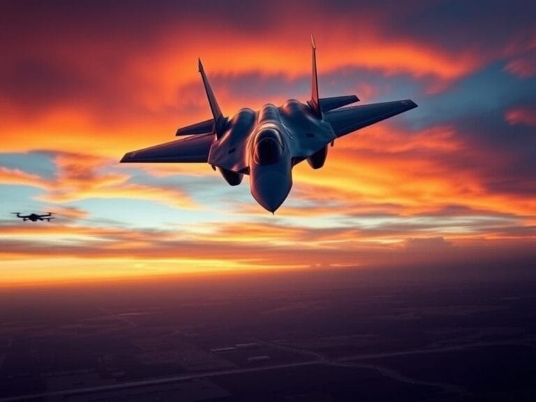 Flick International A sleek, futuristic sixth-generation fighter jet like the F-47 flying against a colorful sunset sky