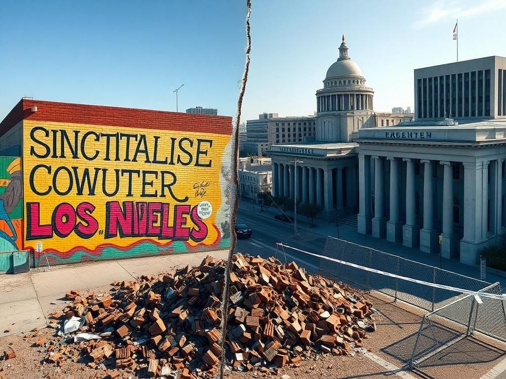 Flick International Aerial view of Los Angeles showing vibrant murals and stark government buildings representing sanctuary city policies and federal law enforcement.