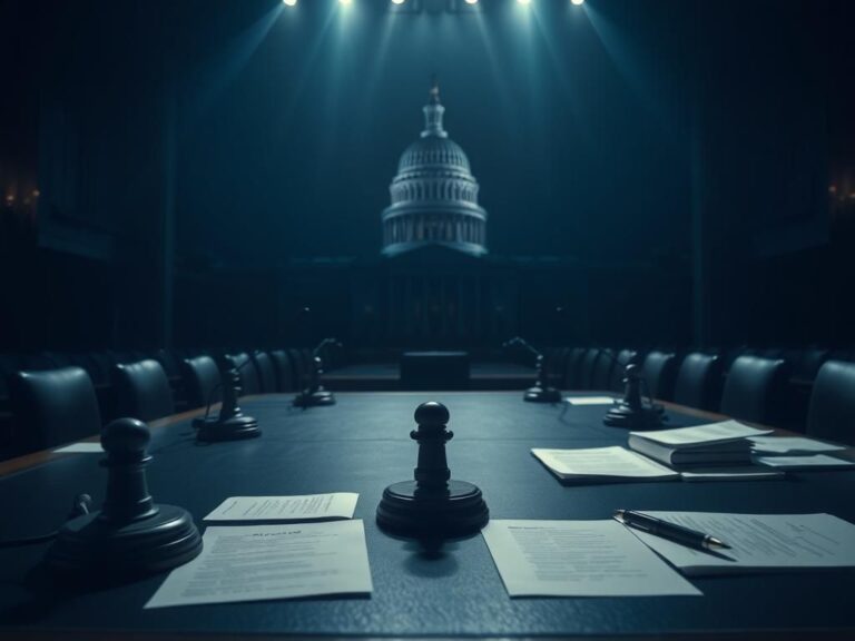 Flick International Dimly lit Congressional hearing room with an empty table and microphones symbolizing an investigation