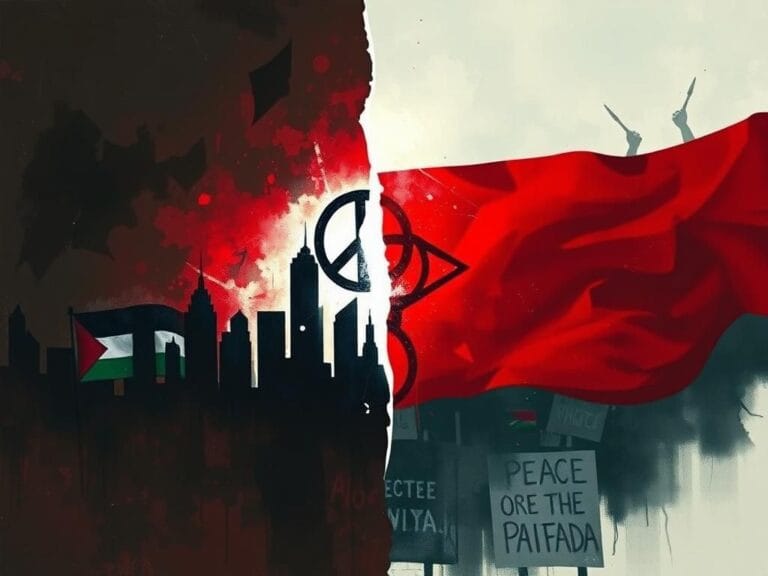 Flick International Abstract representation of a divided urban landscape featuring a darkened city skyline and a bright illuminated section symbolizing hope and unity, with a torn flag and protest signs in the background.