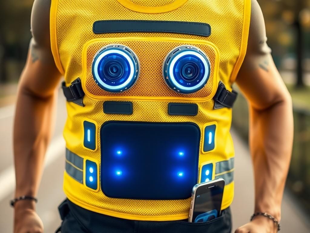 Flick International Close-up of a high-visibility safety vest equipped with dual cameras for outdoor safety.