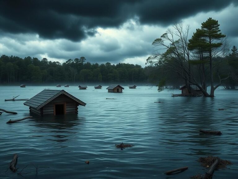 Flick International Submerged wooden cabins at Camp Mystic after flood