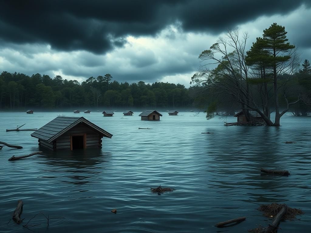 Flick International Submerged wooden cabins at Camp Mystic after flood