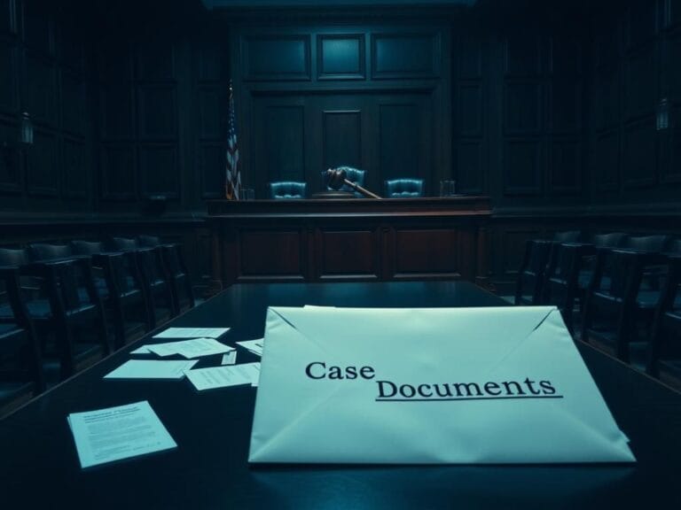 Flick International A dimly lit courtroom scene featuring a wooden judge's bench and empty chairs, symbolizing absence and tension