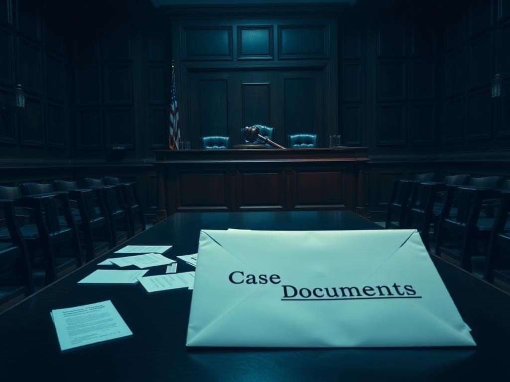 Flick International A dimly lit courtroom scene featuring a wooden judge's bench and empty chairs, symbolizing absence and tension