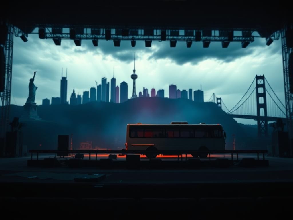 Flick International Empty concert stage with iconic US landmarks in a colorful backdrop, symbolizing uncertainty