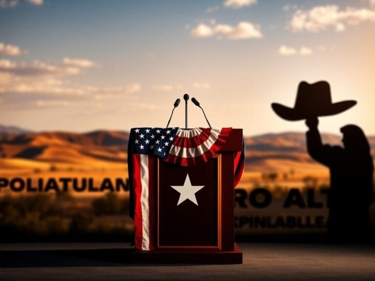 Flick International A large empty podium with the American flag in a Texas landscape representing a Republican primary race
