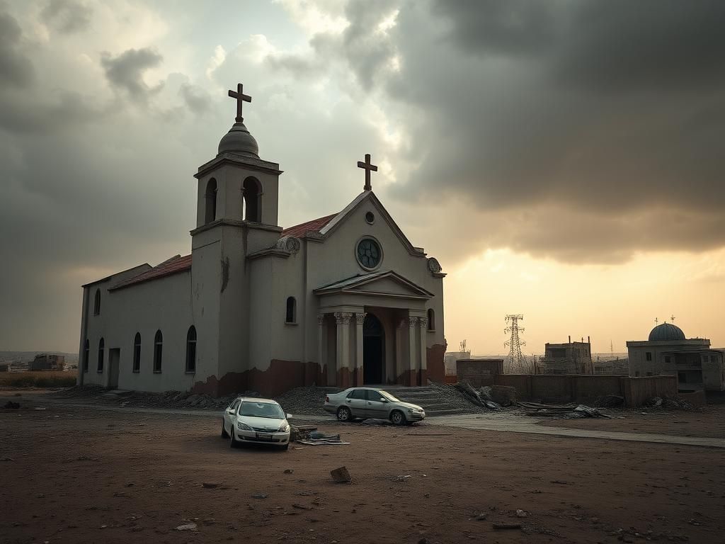 Flick International Exterior view of the Holy Family Catholic Church in Gaza after an airstrike, showing damage and debris.