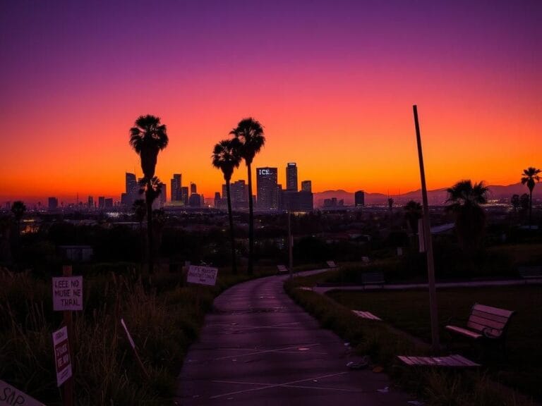 Flick International A vast urban landscape of Los Angeles at dusk showcasing abandoned streets and protest signs related to immigration policies