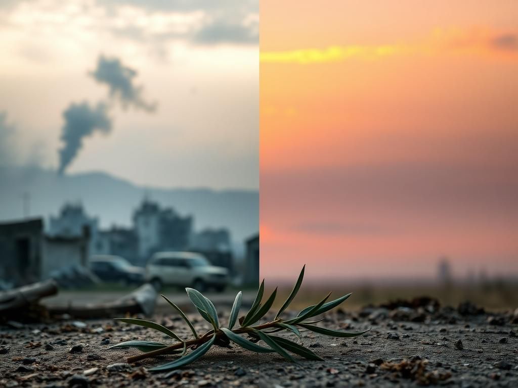 Flick International A split scene of a war-torn landscape juxtaposed with a peaceful horizon, illustrating conflict and hope.