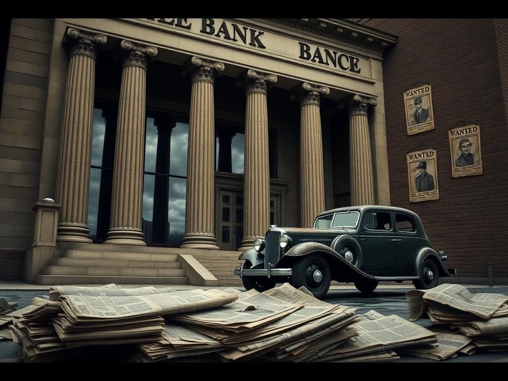 Flick International Vintage 1930s bank facade with ornate architecture and a classic getaway car