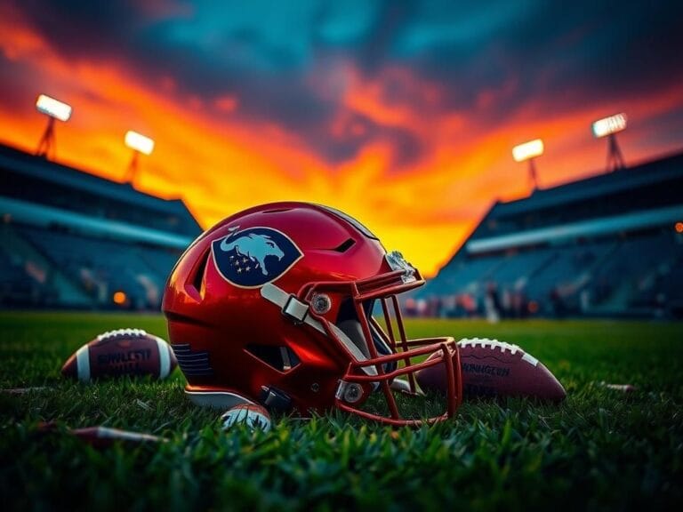 Flick International Washington Commanders helmet on the grass with footballs under stadium lights at dusk
