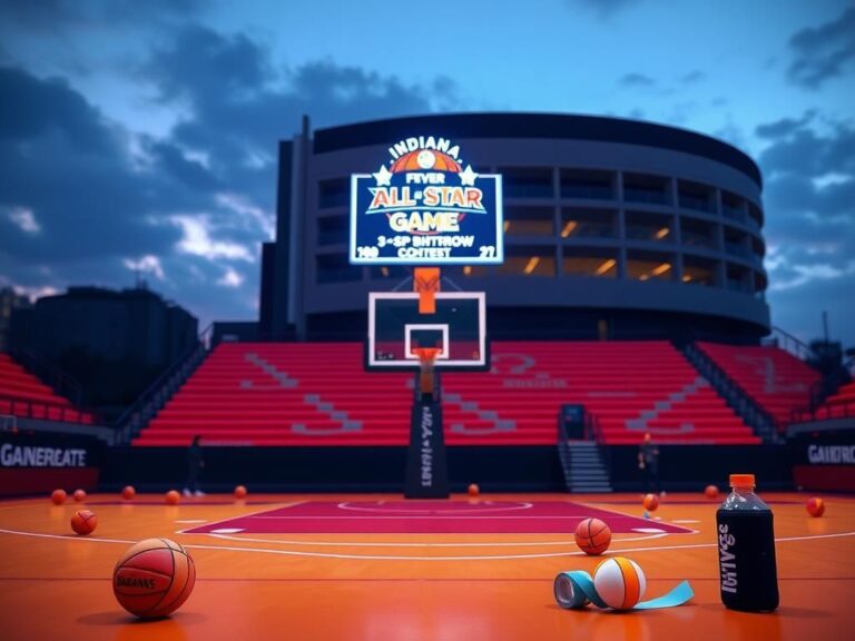 Flick International Dynamic twilight scene of a basketball court showcasing the Indiana Fever's colors, with an empty hoop symbolizing Caitlin Clark's absence.