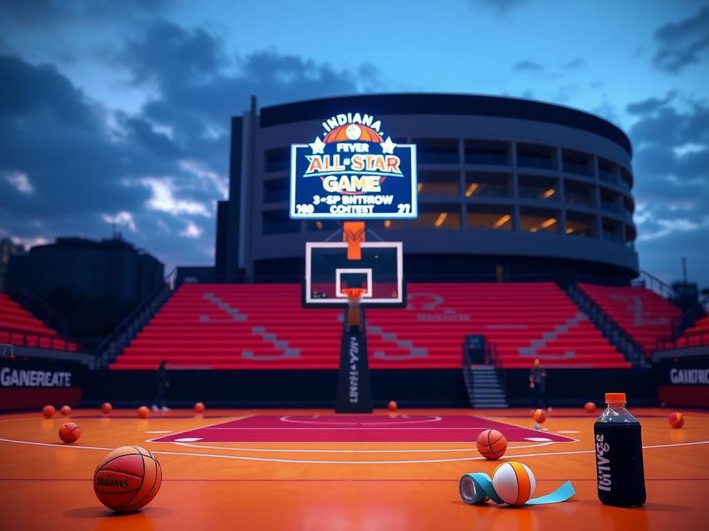 Flick International Dynamic twilight scene of a basketball court showcasing the Indiana Fever's colors, with an empty hoop symbolizing Caitlin Clark's absence.